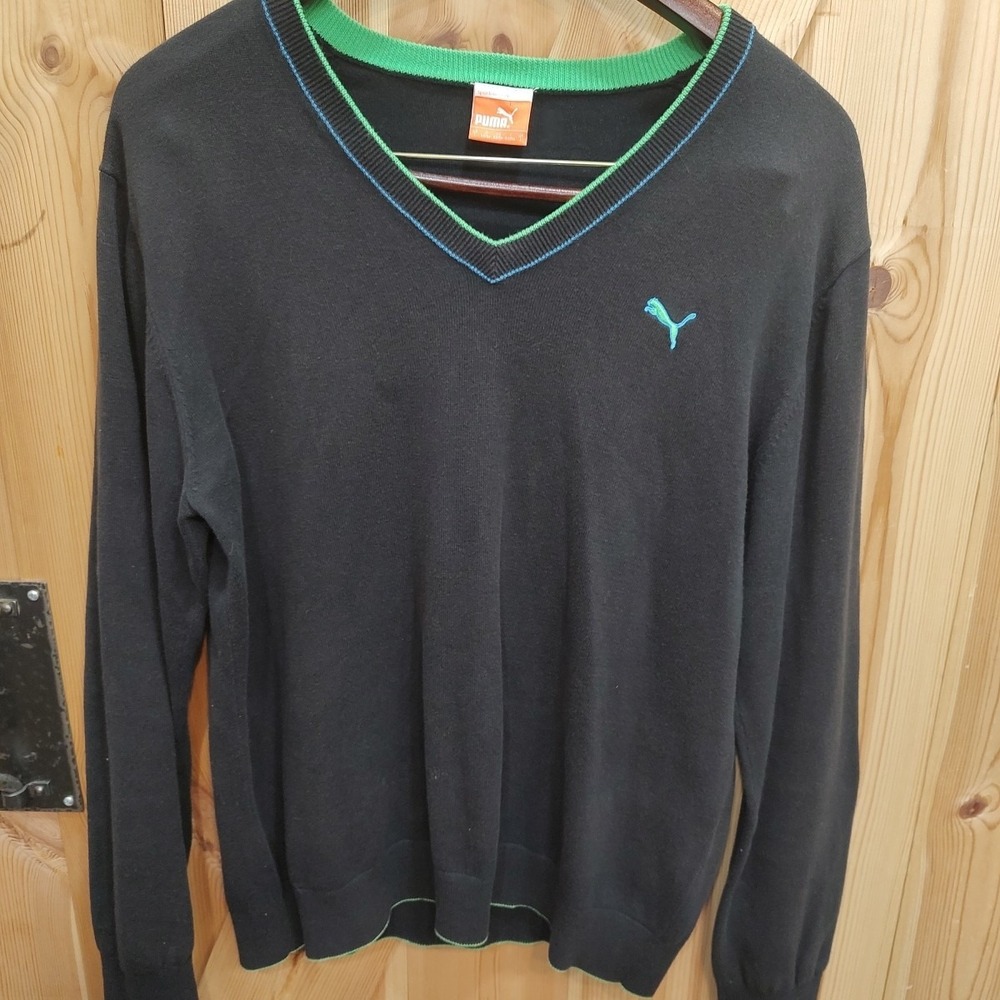 PUMA Men's Sweater‎ Sz Large Black V-Neck Pullover Knit Blue Logo Green Preppy
